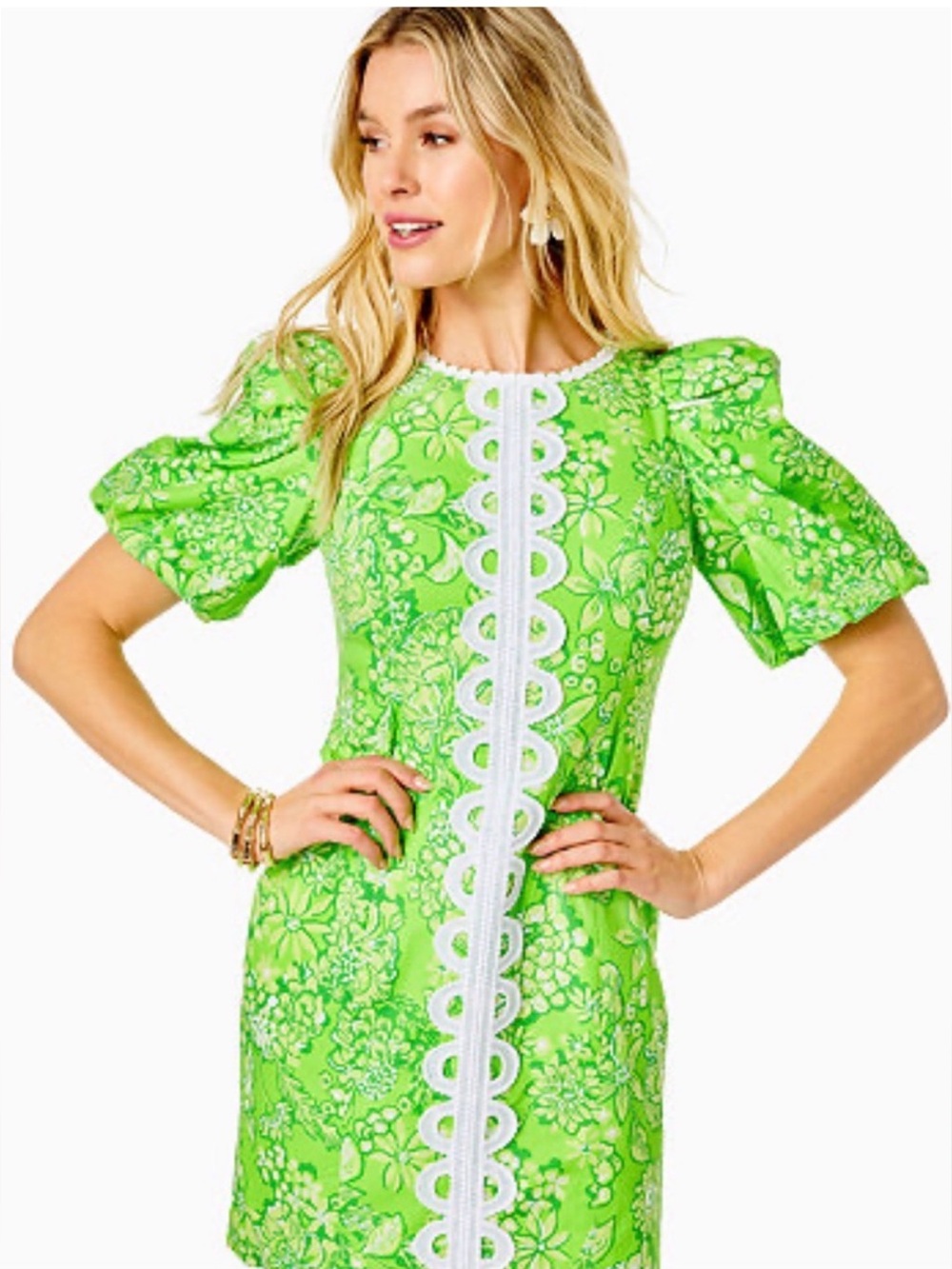 Lilly Pulitzer Alyce Cotton Green Shift Dress Limeade Size 2 Puff Sleeve NWOT